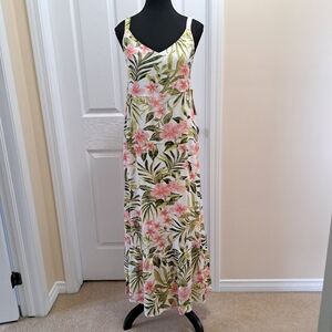 Hurley Maxi Dress Tropical Leaf Print Small Cream Multi-colour Floral Dress